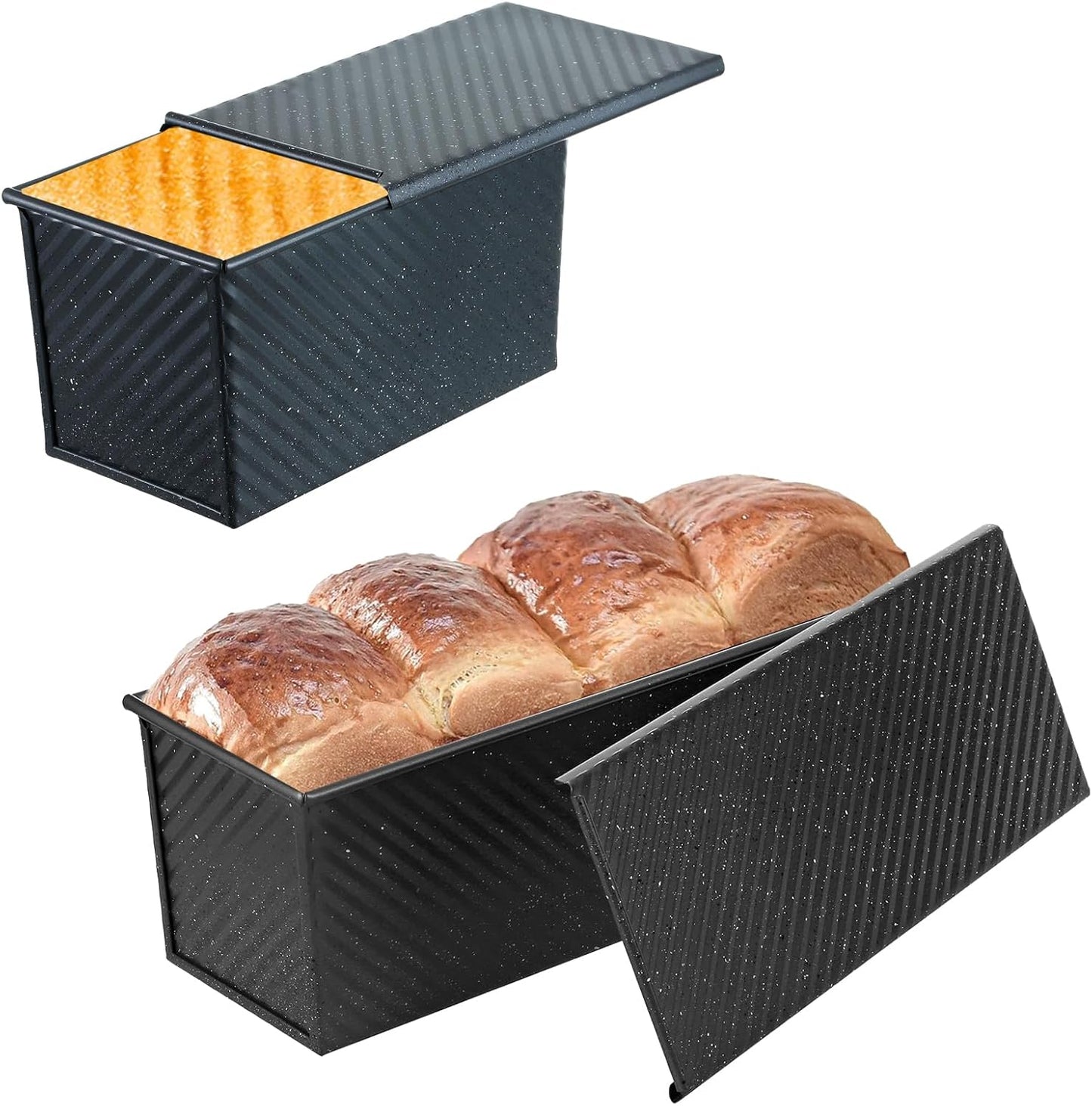 SS&CC Pullman Loaf Pan with Lid 2-Pack, 2.2lb & 1lb Carbon Steel Bread Pan for Homemade Sourdough & Sandwich Bread | Nonstick Bakeware, Heavy Duty & Easy Clean (Black, 1lb+2.2lb)
