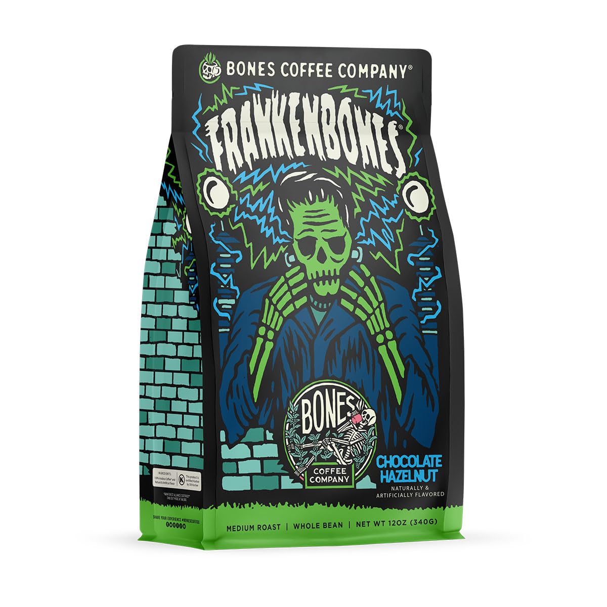 Bones Coffee Company Frankenbones Chocolate and Hazelnut Flavored Coffee, Medium Roast Low Acid Arabica Beans Compatible with Auto drip and French Press Coffee Maker, 12 Oz Whole Bean