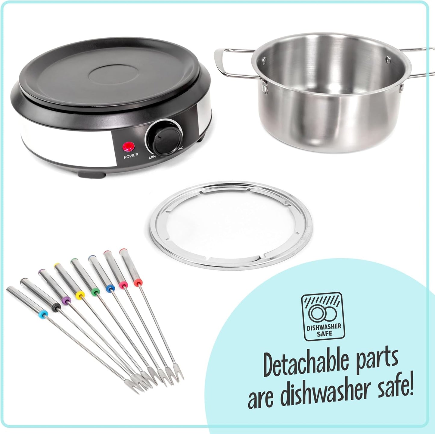 Nostalgia 8-Cup Electric Fondue Pot Set for Cheese & Chocolate - 8 Color-Coded Forks, Temperature Control - Kitchen Gadgets and Appliances for Hors d'Oeuvres and More - Stainless Steel
