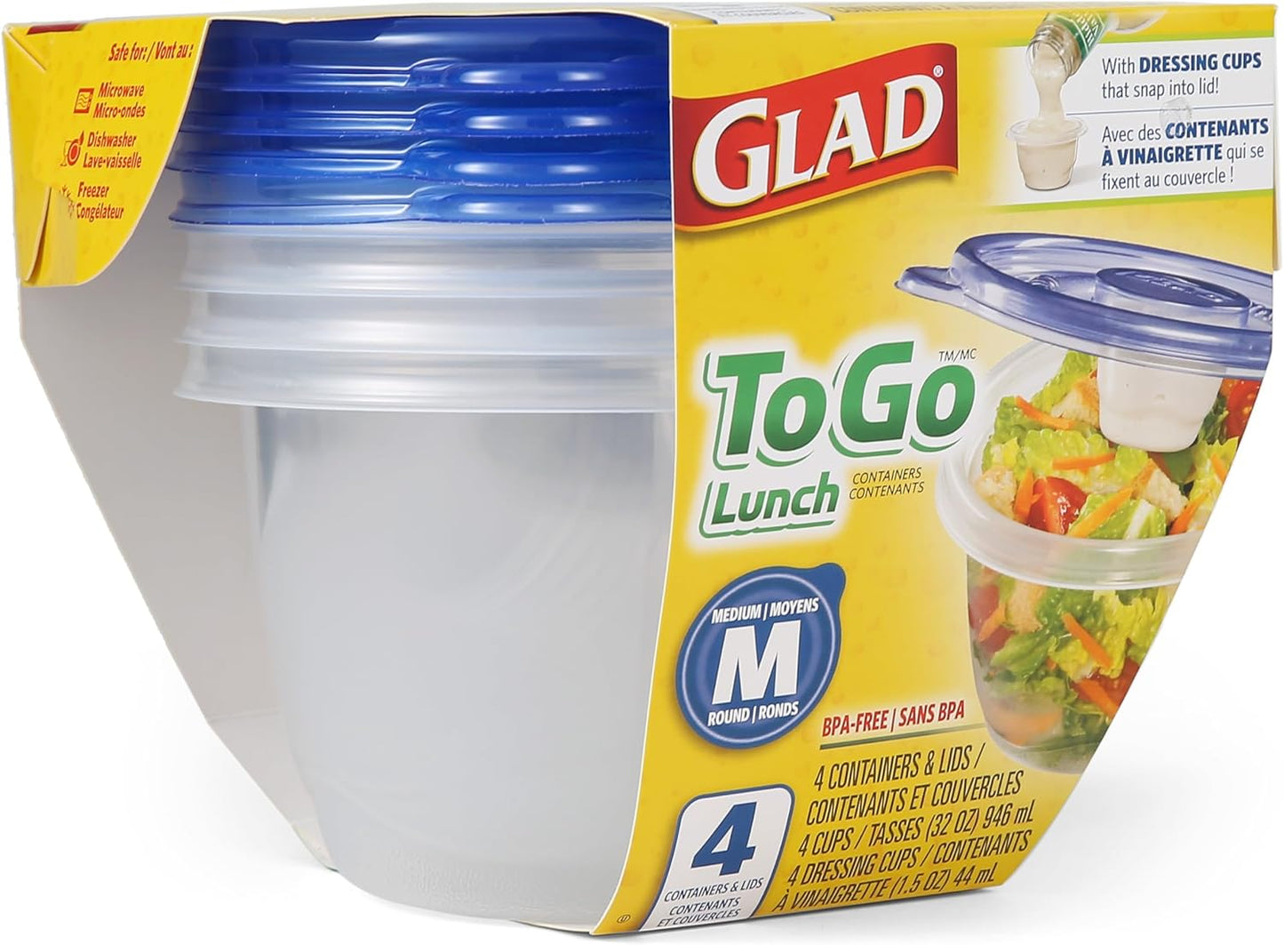 Glad GladWare To Go Lunch Food Storage Containers - Medium Round - Meal Container Holds up to 32 Ounces of Food - Lock Tight Seal, 4 Count