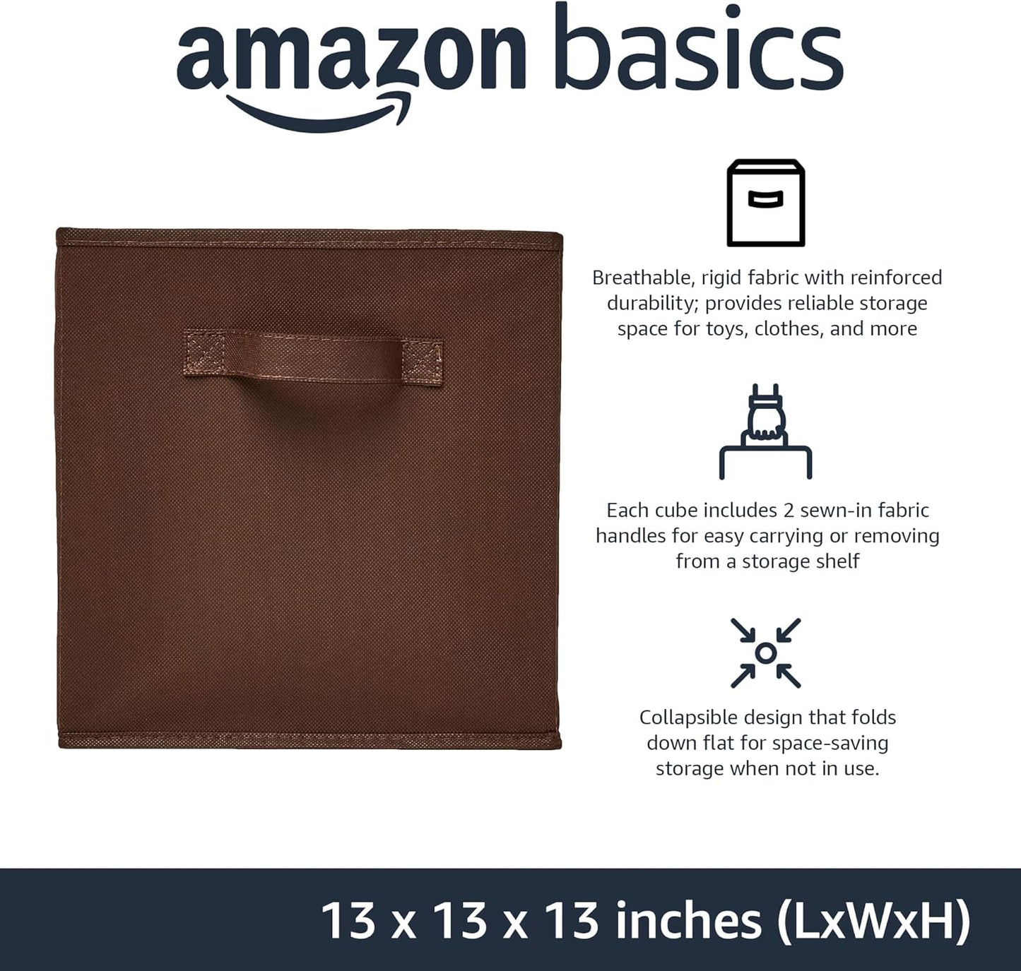Amazon Basics Cube Organizer Storage Bins Handles, Collapsible Fabric, Pack of 6, 13"x13"x13", Brown