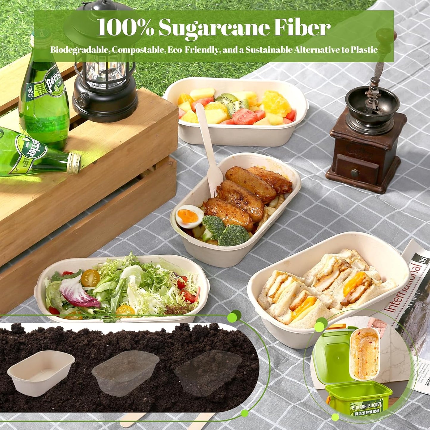 [100% Eco-Friendly] 34 oz Disposable Food Containers with Lids – Sugarcane Pulp Take Out Containers, Biodegradable Lunch Box, Compostable and Microwave Safe To-Go Boxes for Meal Prep – Pack of 50