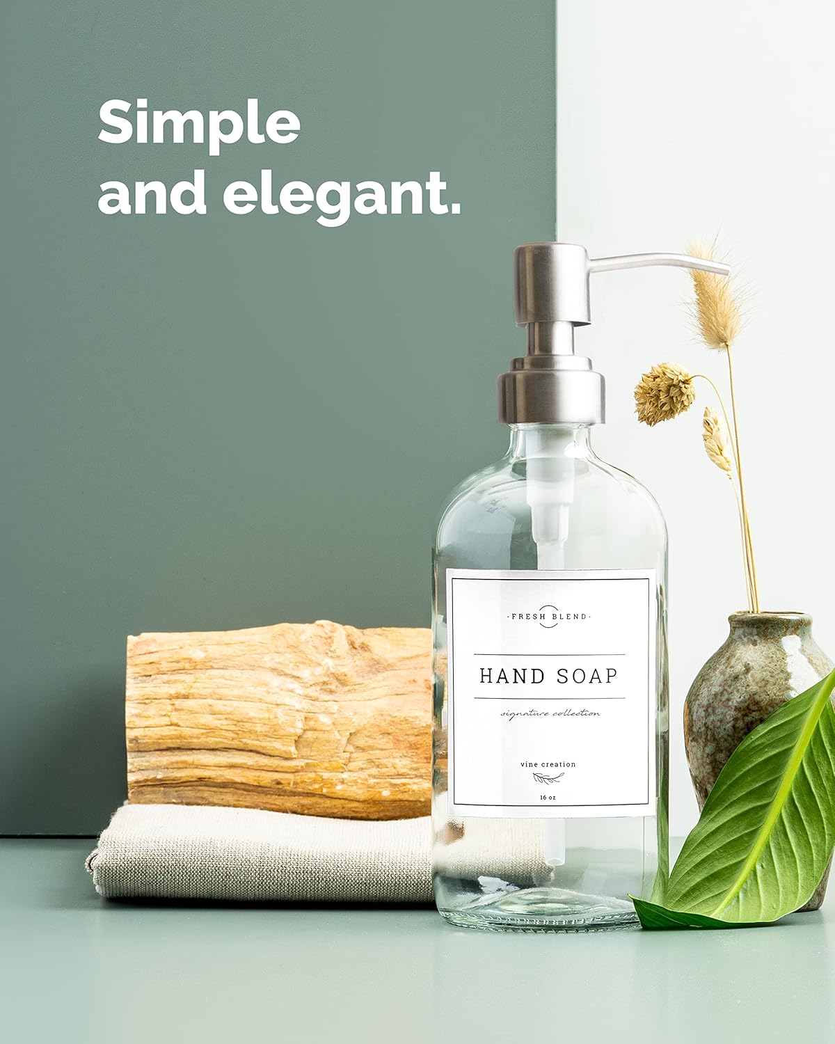 Vine Creations Clear Glass Soap Dispenser, 2 Pack Kitchen Soap Dispenser Set with Stainless Steel Pump, 16 oz Hand Soap or Dish Soap for Bathroom or Kitchen with Waterproof Labels