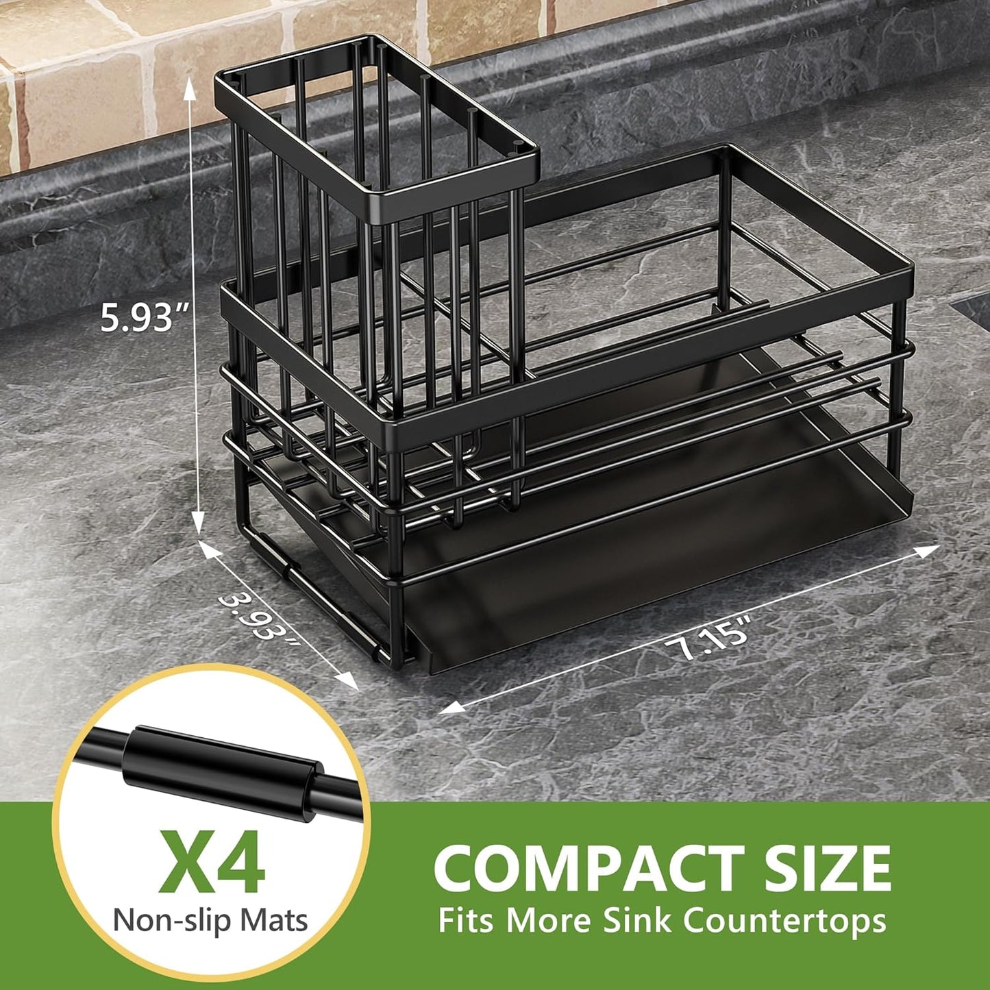 Cisily Sink Caddy Sponge Holder for Kitchen with Brush Holder and Stainless Steel Self Drain Tray, Rustproof Kitchen Sink Organizer for Sponge, Soap Dispenser Storage Accessories (Black)