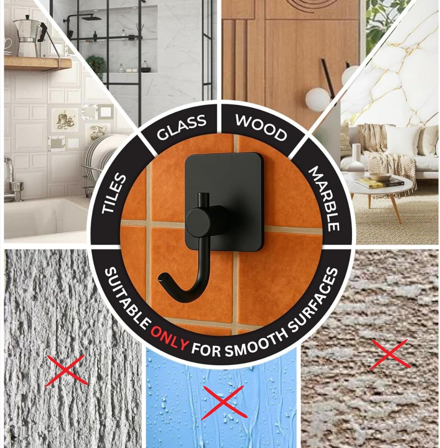 Adhesive Hooks for Hanging - 4 Pack, Towel Hooks Hanging Inside Shower, Rustproof Hooks for Walls No Damage Bathroom, Bedroom, Kitchen, Hotel, Office, Large Adhesive Hook (Black 2)