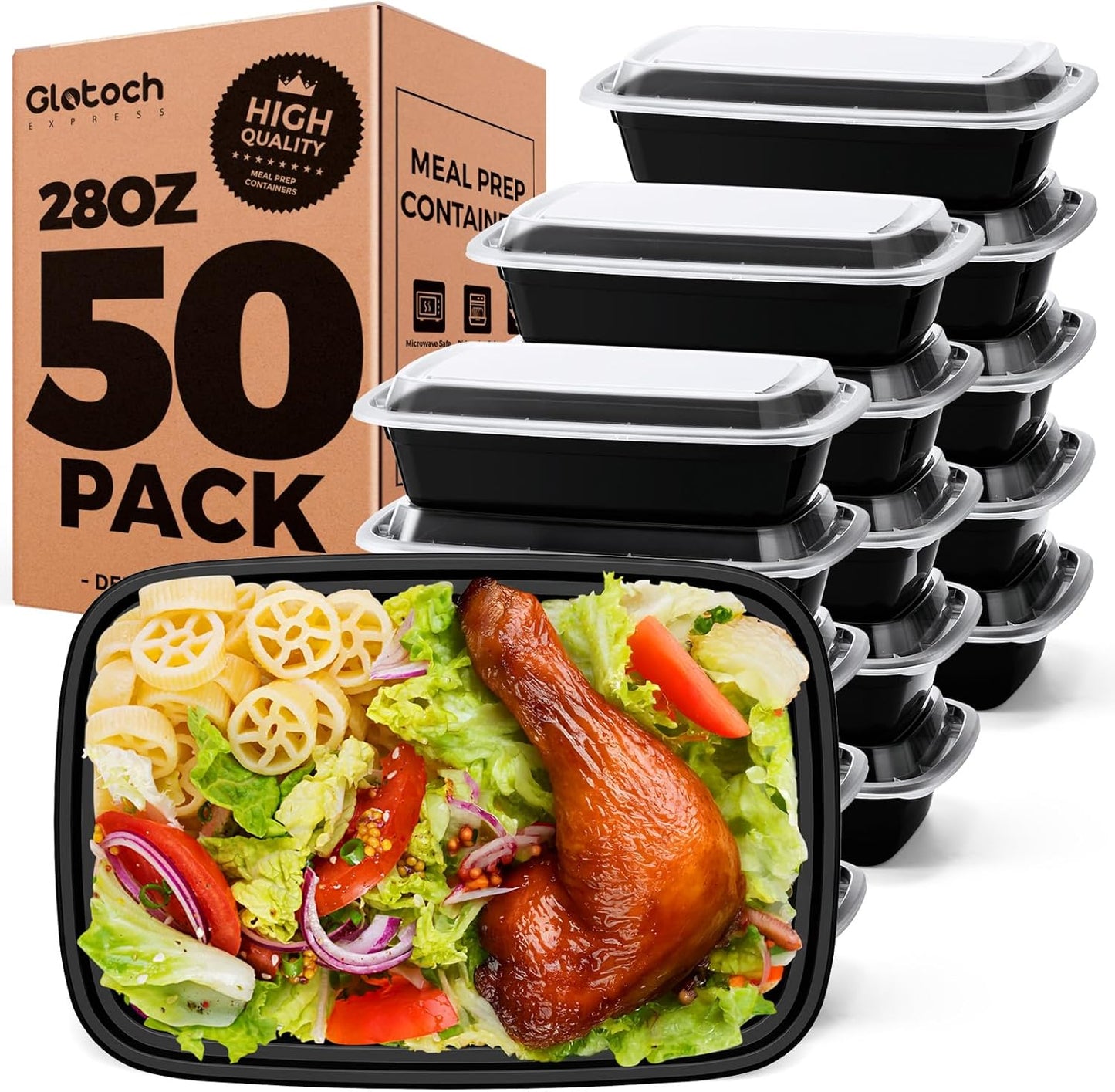 Meal Prep Containers 28oz, 50 Pack (100-Piece) Reusable Food Storage Containers with Lids Microwave, Freezer, Dishwasher Safe - Leakproof & BPA Free Durable Plastic Bento Box for Adult