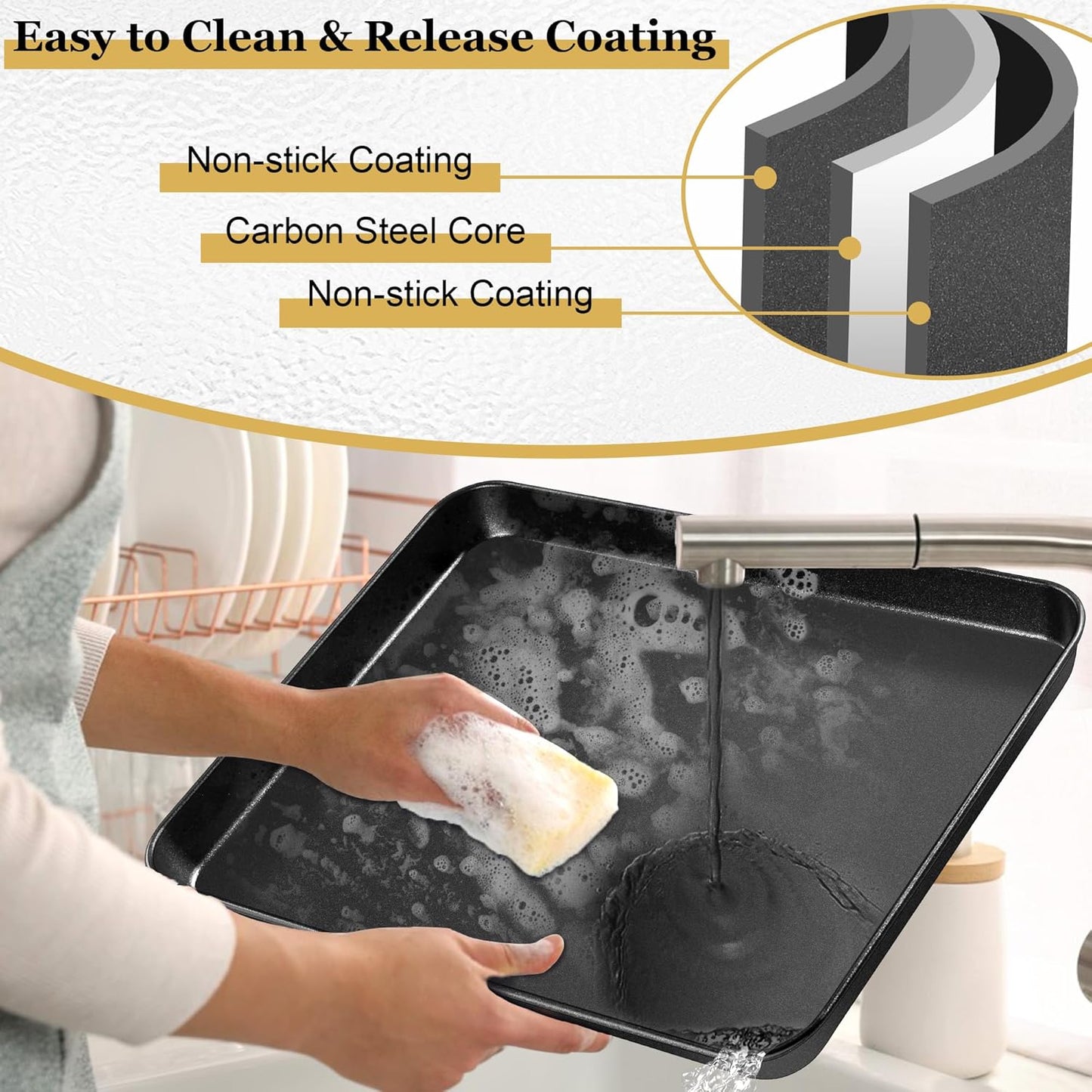 E-far 16x12 Inch Baking Sheet, Non-stick Cookie Sheet Pan for Oven Baking Cooking Roasting, Carbon Steel Tray Metal Bakeware for Jelly Roll Steak, Non-toxic & Warp Resistant, Easy Clean