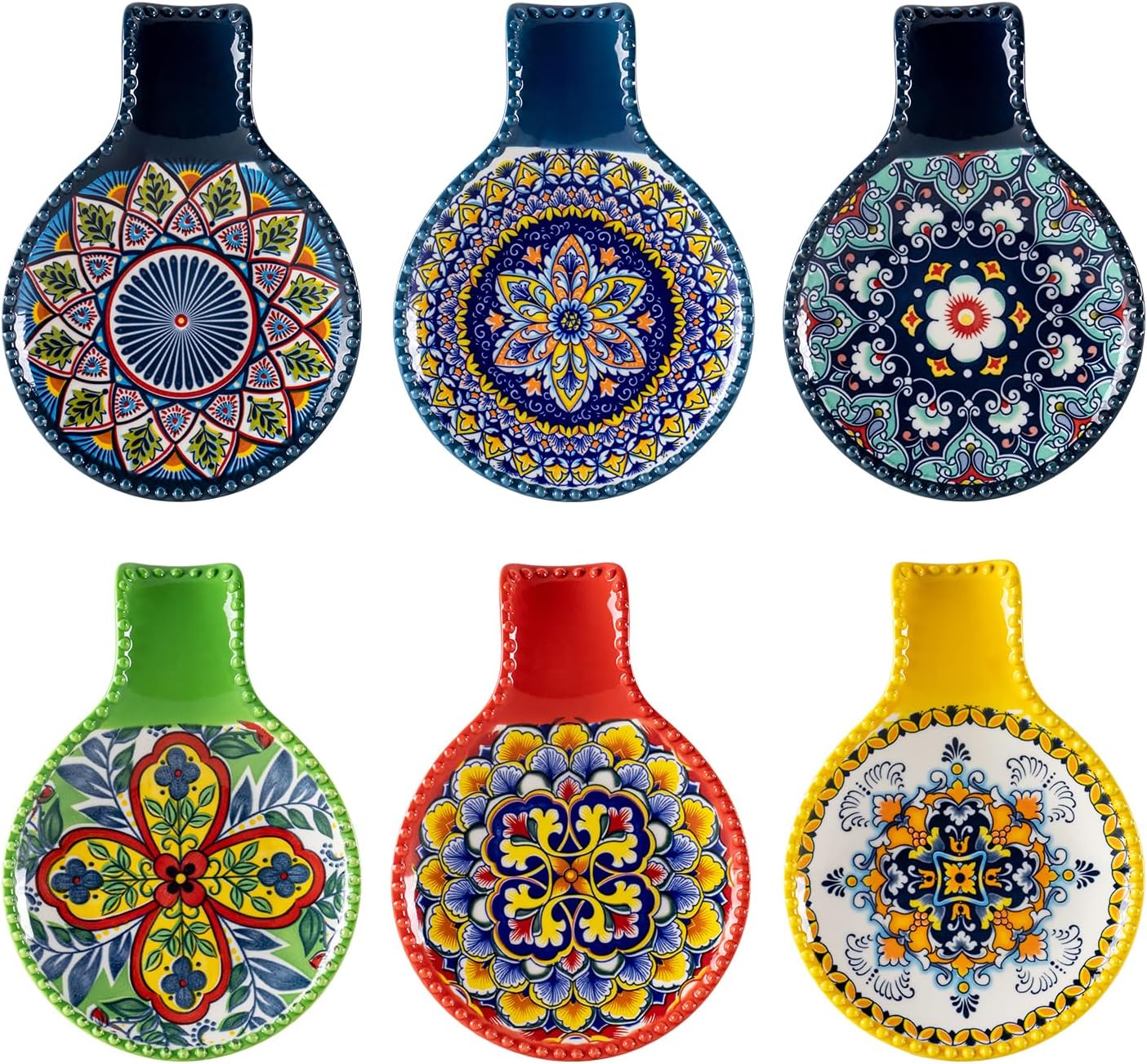 Ceramic Spoon Rest for Stove Top, Large Spoon Holder for Kitchen Counter, Cooking Utensil Rest for Ladle, Spatula, Tongs, Housewarming Gifts Set of 6 - Bohemian Style