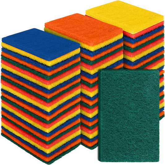 Hoolerry 100 Pcs Heavy Duty Scouring Pads Non Scratch Household Scrub Pads for Cleaning Reusable Pan Scrubber Anti Grease Scrubbing Pads for Dish Kitchen Metal Grills, 4.3 x 3 x 0.3 in (Multicolor)