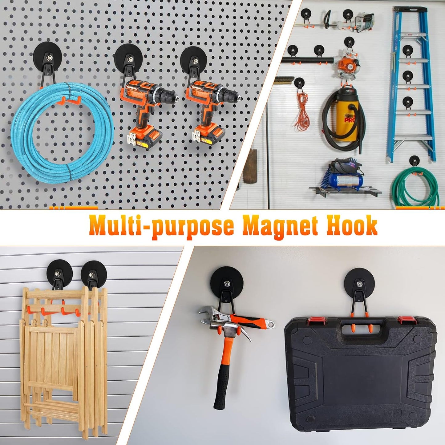 Large Magnetic Hooks Heavy Duty Magnetic Garage Hook,2 Pack Magnet Hooks with Anti-Slip Coating, Strong Storage Utility Magnetic Hook fo Metal Cabinet,Pegboard,Garage Shelve,Garden Tools(Orange,L)