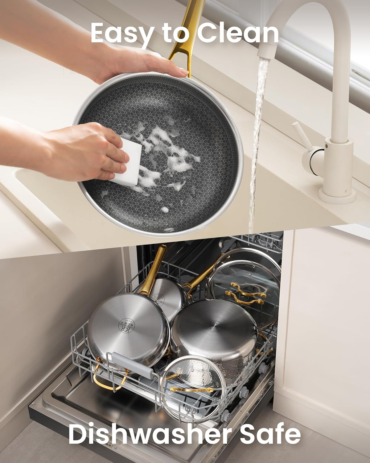 Gold Pots and Pans Set, Hybrid Hammered Stainless Steel, 10PC Nonstick Kitchen Cookware Sets w/Frying pan, Non Toxic, Oven Safe & Compatible with All Stovetops