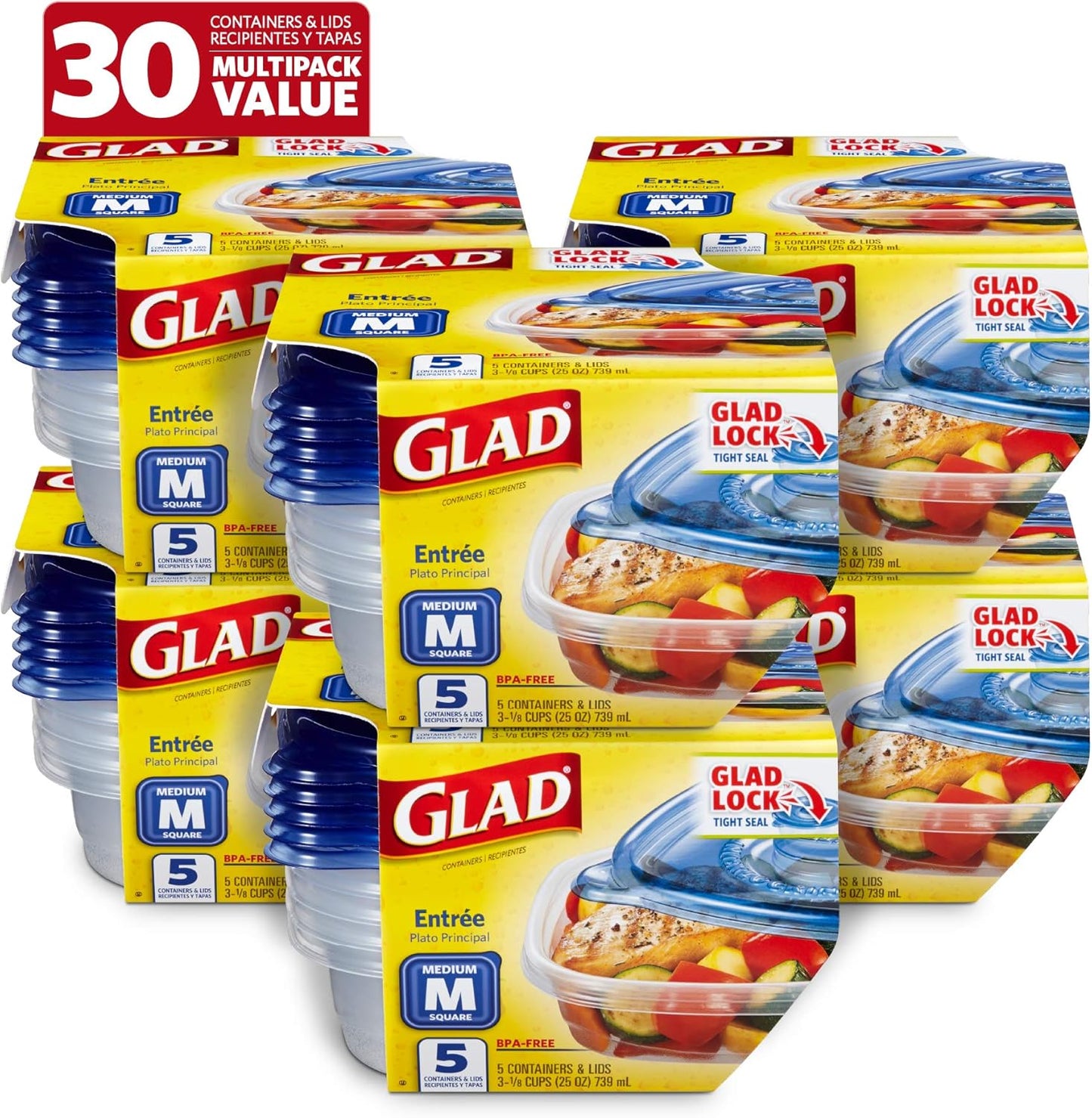 Glad Entrée Food Storage Containers, Medium Square (25 Oz) - 5 Count, Standard