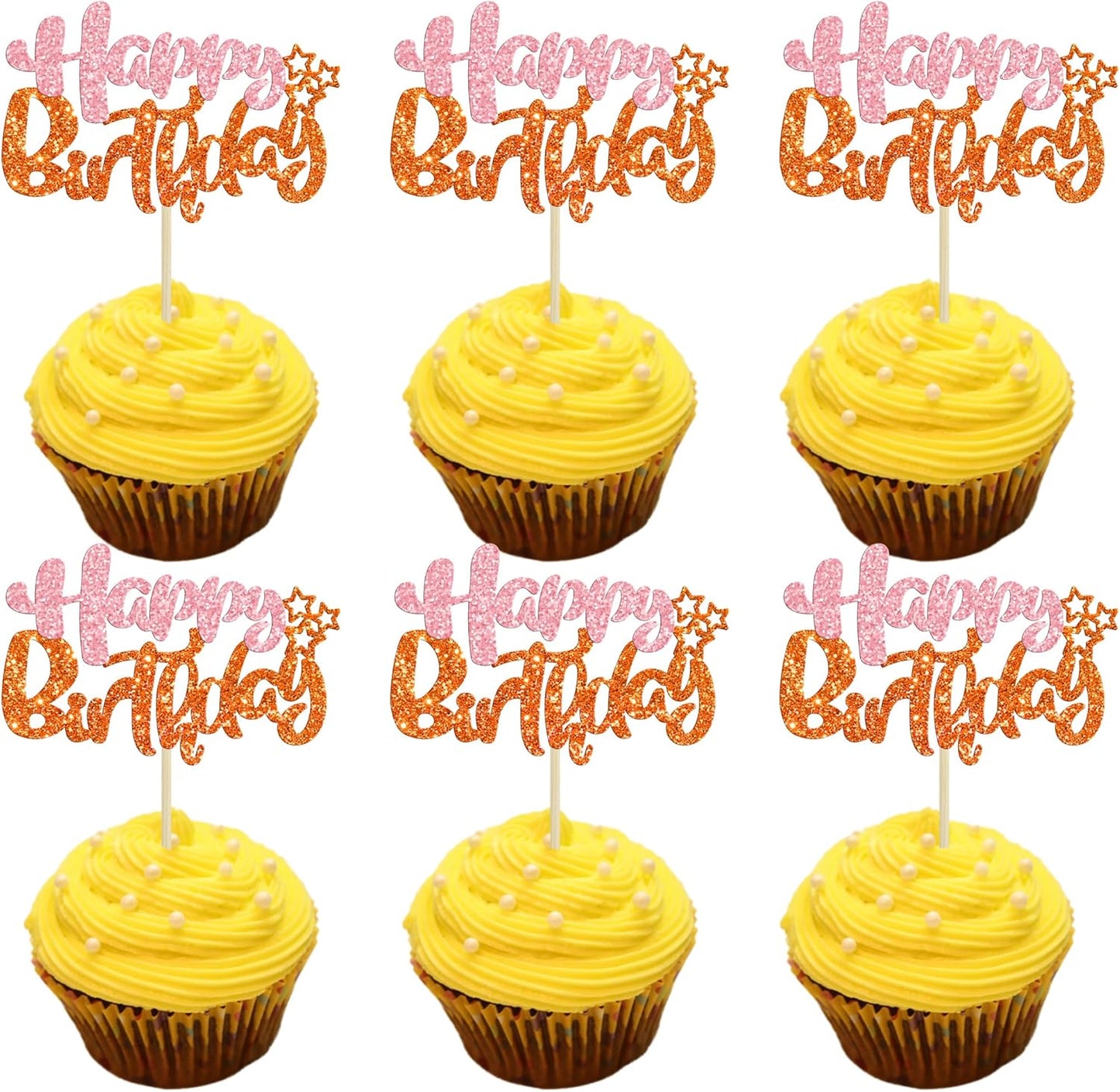 Ephlyn 24Pcs Happy Birthday Cupcake Toppers - Double Layer Glitter - Pastel Pink Orange - Perfect for Birthday, Baby Shower & Anniversary Parties
