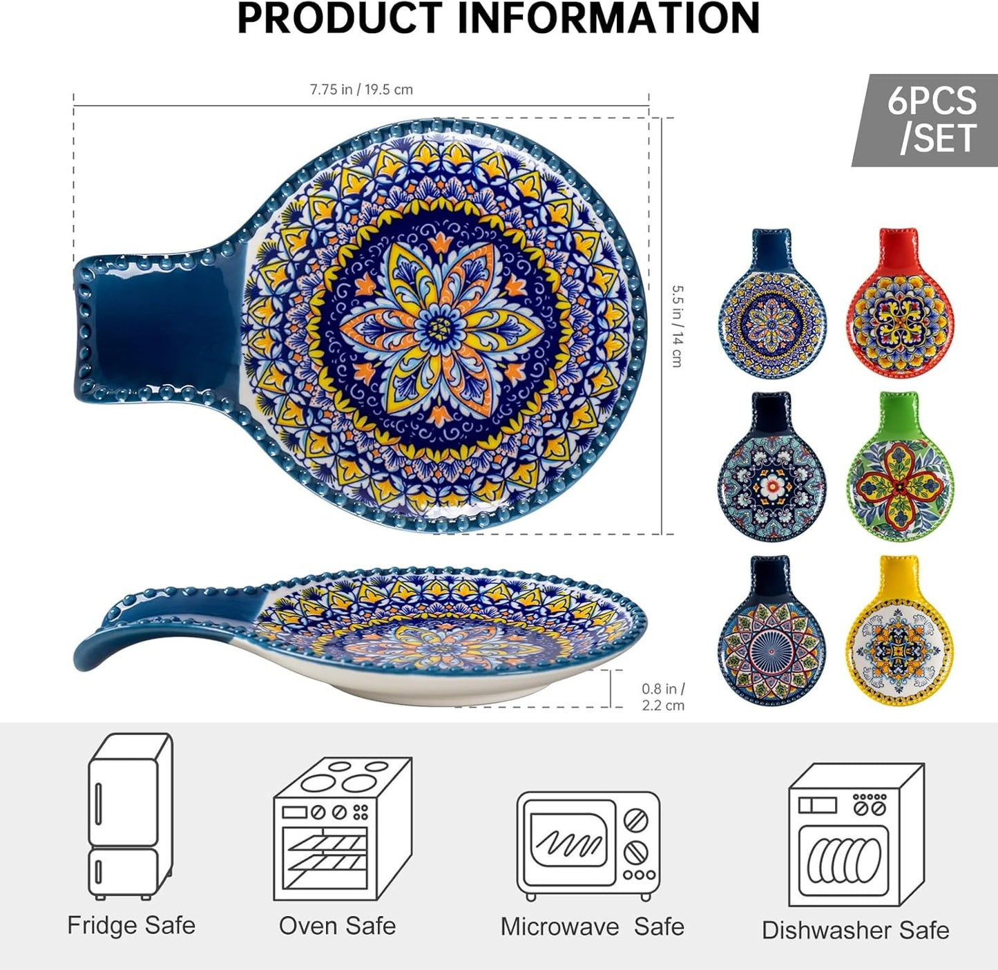 Ceramic Spoon Rest for Stove Top, Large Spoon Holder for Kitchen Counter, Cooking Utensil Rest for Ladle, Spatula, Tongs, Housewarming Gifts Set of 6 - Bohemian Style