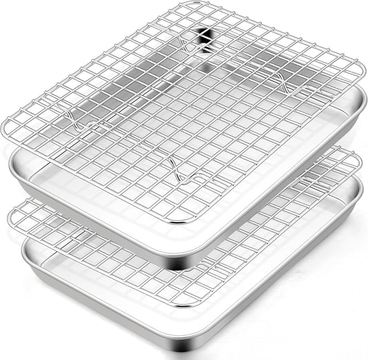 TeamFar Toaster Oven Pan with Rack Set, 9 x 7 x 1 Inch Stainless Steel Mini Baking Pan Tray with Grid Rack for Baking Roasting Cooling, Non-Toxic & Heavy-Duty, Dishwasher Safe, (2 Pans + 2 Racks)