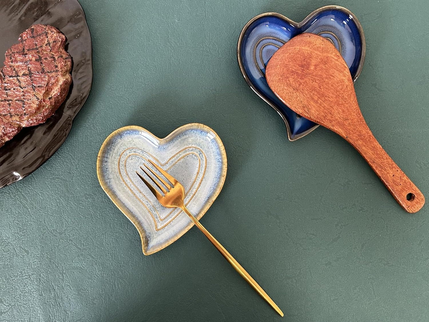 Ceramic Spoon Rest for Stove Top, Heart Cute Spoon Rest for Kitchen Counter, Cooking Spoon Holder for Kitchen Counter, Utensil Rest Spatula Rest Ladle Holder Tong Rest (Retro Sea Blue)