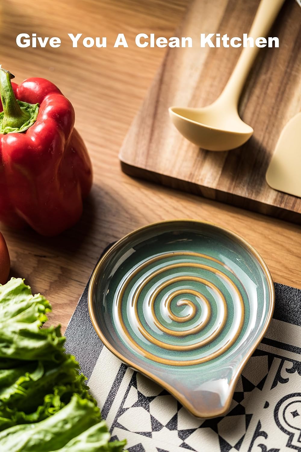 LAUCHUH Spoon Rest for Kitchen Counter,5" Spoon Holder for Kitchen Counter Stove Top Ceramic Spatula Holder for Ladle, Spatula, Spoons or Tongs, Thanksgiving Gifts, Unique Green