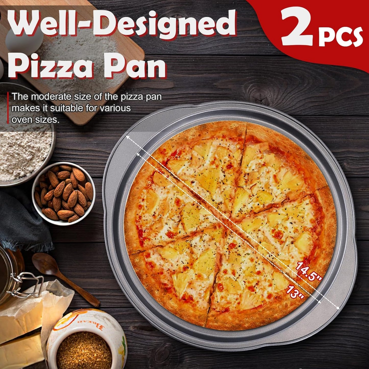 Unokit Pizza Pan for Oven - 13" 2PCS Round Carbon Steel Pizza Pan, Non-Stick Pizza Tray with Perforated Holes and Grip Handles, Dishwasher Safe, Grey