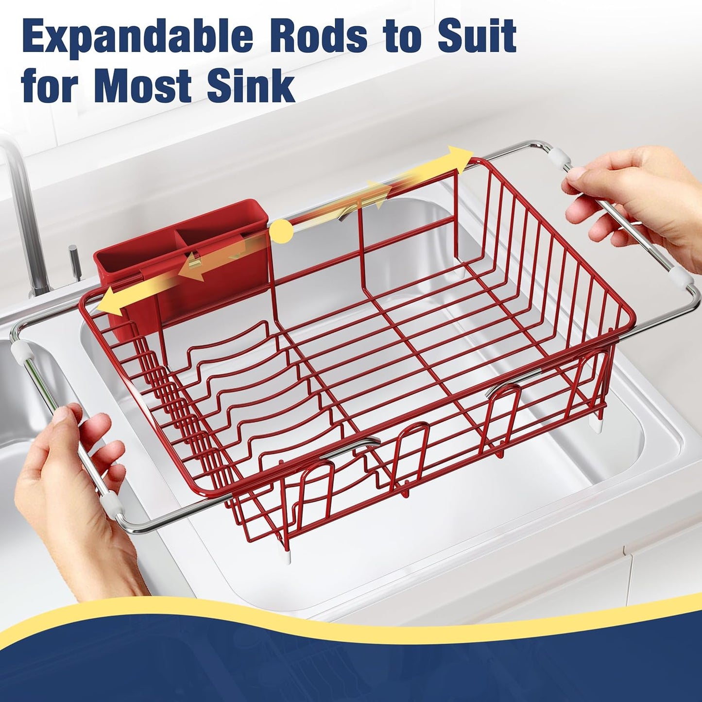JASIWAY Dish Drying Rack in Sink, Red Dish Dryer Racks Over Sink, Dishes Drainers for Kitchen Sink, Stainless Steel Plates Drying Rack with Utensil Holder & Cups Holder