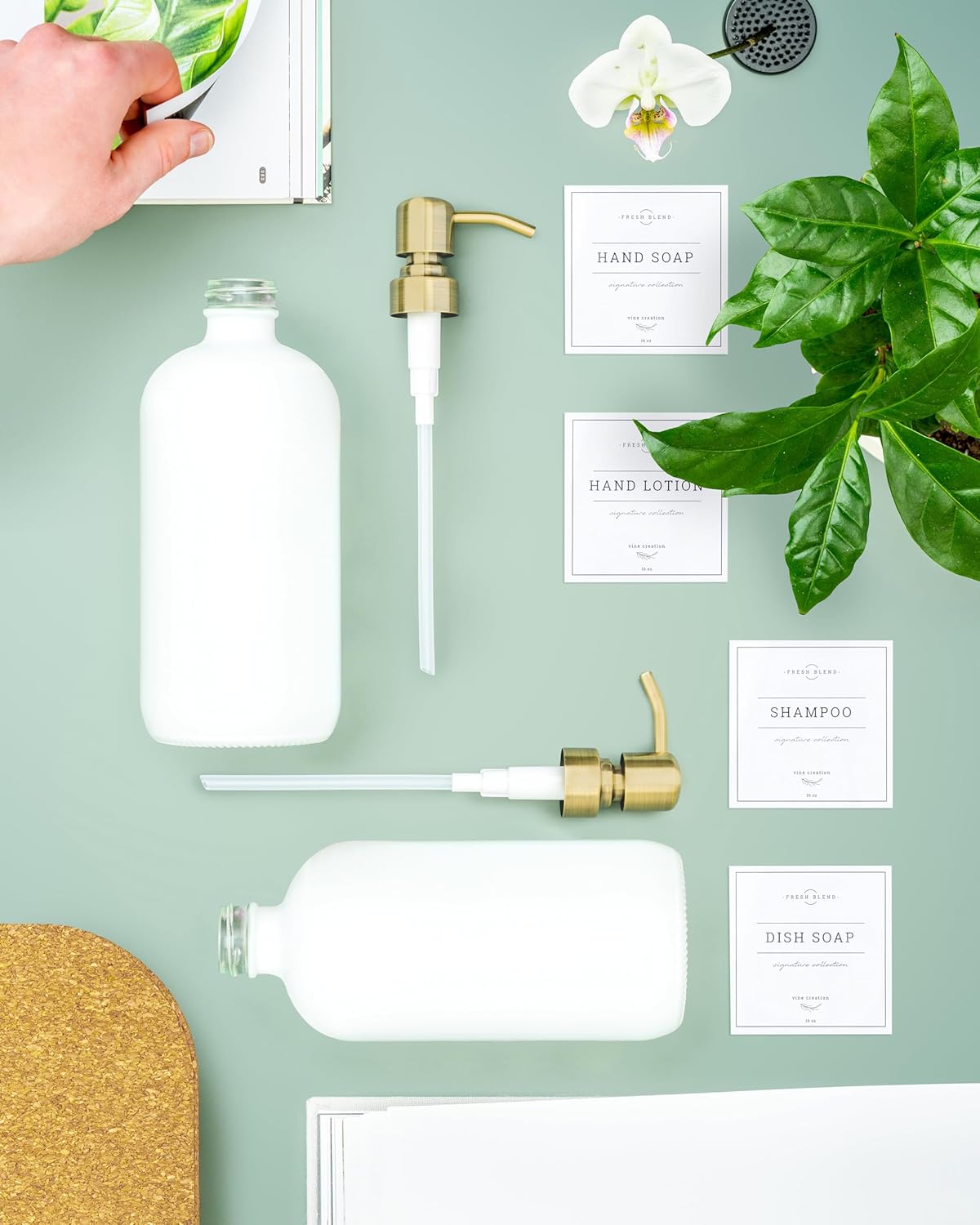 Vine Creations White Glass Soap Dispenser, 2 Pack Kitchen Soap Dispenser Set with Stainless Steel Pump, 16 oz Dish Soap and Hand Soap Dispensers for Bathroom with Waterproof Labels