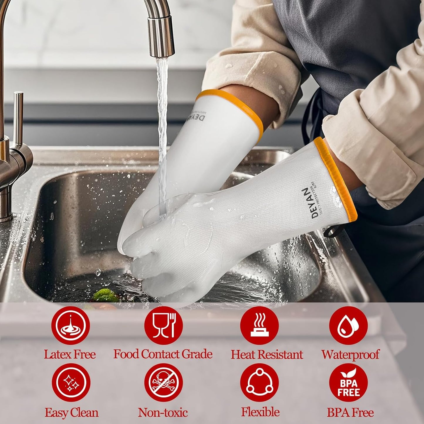 DEYAN Silicone BBQ & Oven Gloves - Food Grade, Heat Resistant Waterproof & Oil Proof Gloves for Grilling, Baking, Frying, Cooking - Long Sleeve & Non-Slip Grip, 1 Pair (White, 7/S)