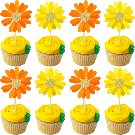 Ephlyn 24Pcs Orange Daisy Cupcake Toppers Flower Cake Toppers Daisy Cake Decorations Chrysanthemum Cupcake Toppers Spring Daisy Flower Cake Picks for Birthday Wedding Supplies