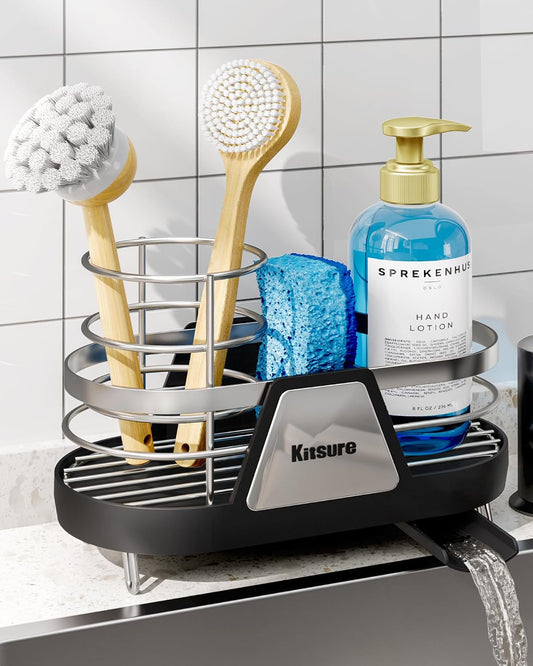 Kitsure Sponge Holder for Kitchen Sink - Space-Saving Kitchen Sink Caddy, Rustproof Metal Sink Organizer with Removable Brush Holder, 7.6"×3.9"×5.3", Black