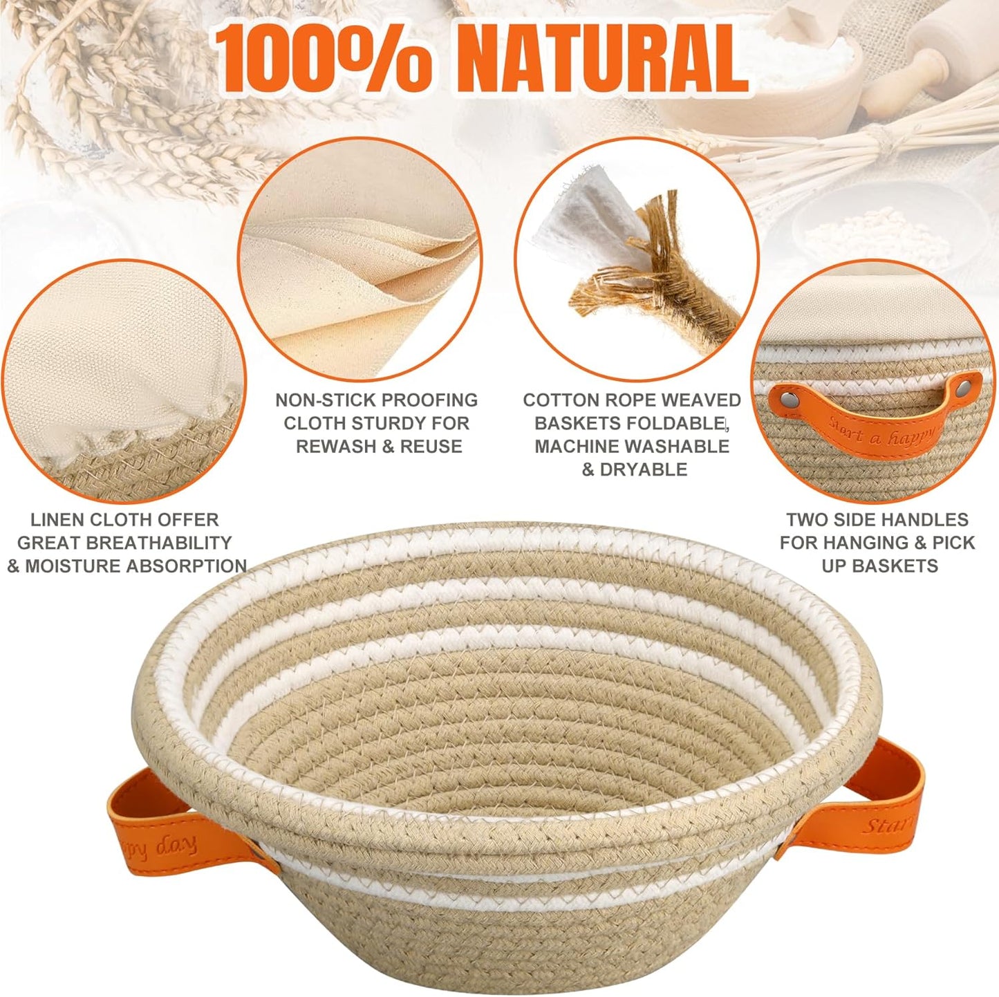 HASHMUST Banneton Bread Proofing Basket Set, 9 Inch Round & 10 Inch Oval Cotton Rope Proofing Bowls with Liners Covers & 14x19 Inch Thick Baguettes Cloth, Sourdough Dough Loaves Baking Supplies Gifts