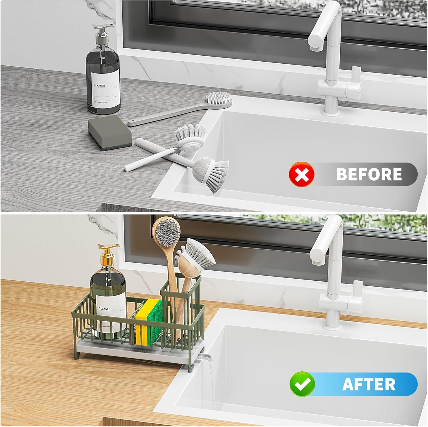 Cisily Sage Green Sponge Holder for Kitchen Sink, Sink Caddy Organizer with High Brush Holder, Kitchen Countertop Organizers and Storage Essentials, Rustproof 304 Stainless Steel, Soap Dispenser