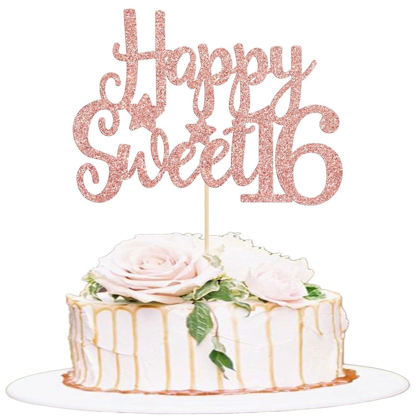 Gyufise 1Pc Happy Sweet 16 Cake Topper Rose Gold Glitter Sweet 16 Birthday Decorations Happy 16th Birthday Decorations for Girls Boys