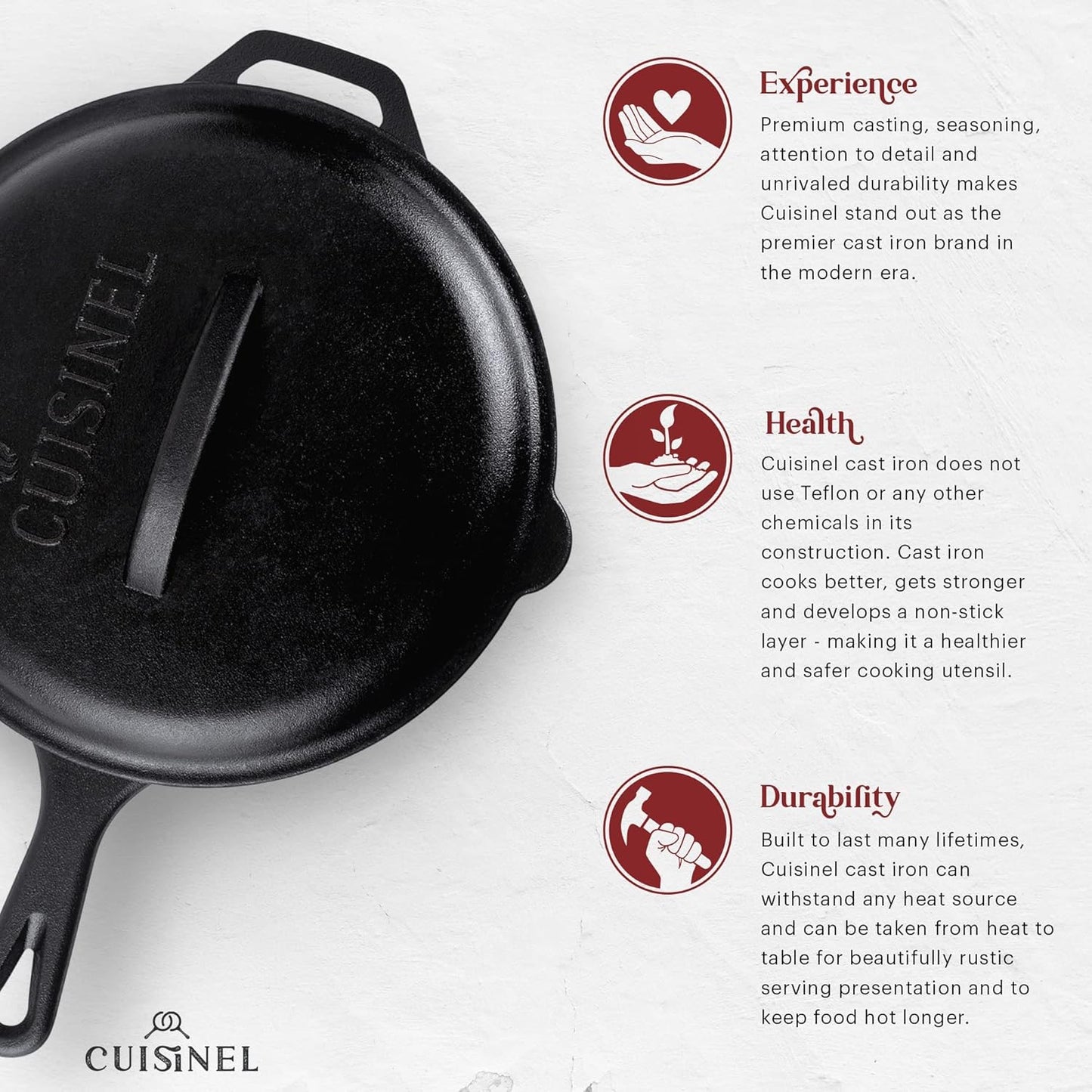 Cuisinel Cast Iron Skillets Set with Lids - 8"+10"+12"-inch Pre-Seasoned Covered Frying Pan Set + Silicone Handle and Lid Holders + Scraper/Cleaner - Use Cookware Indoor/Outdoor, Oven, Stovetop, Fire