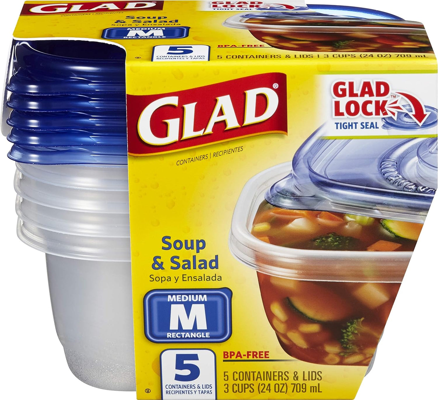 Glad Soup & Salad Food Storage Containers, Medium Rectangle (24 Oz) - (Pack of 6, 30 Count) | Strong and Durable Food Containers from Glad for Everyday Use | 24 Oz Food Storage Containers
