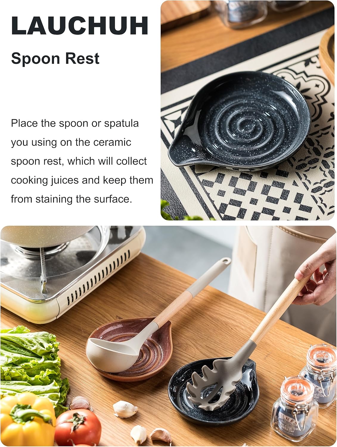 LAUCHUH Spoon Rest for Stove Top, Ceramic Spoon Holder 5" Kitchen Spatula Rest for Countertop Large Holder for Ladle, Spatula, Spoons or Tongs, Christmas Decor, Speckled Dark Gray