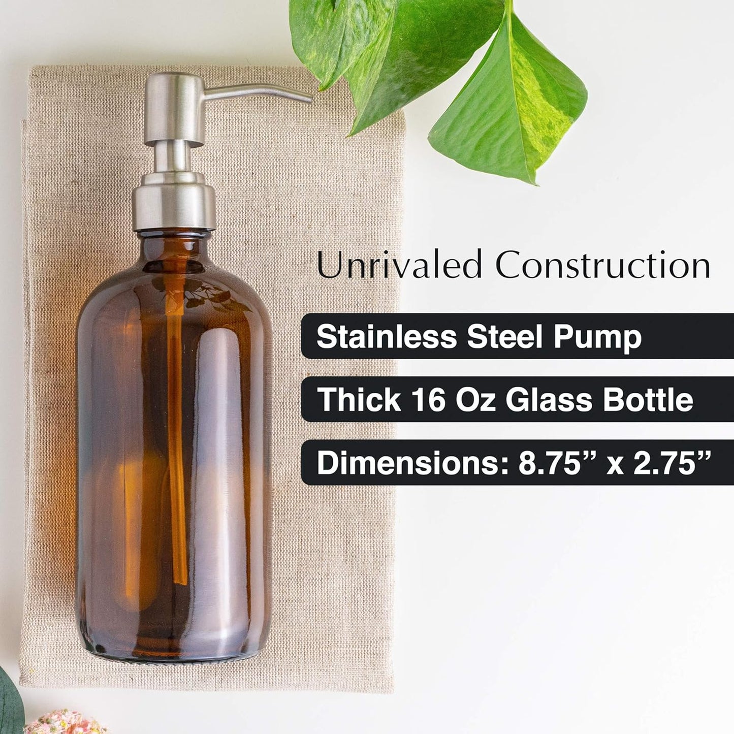 Vine Creations Amber Glass Soap Dispenser, 2 Pack Kitchen Soap Dispenser Set with Stainless Steel Pump, 16 oz Hand Soap or Dish Soap for Bathroom or Kitchen with Waterproof Labels