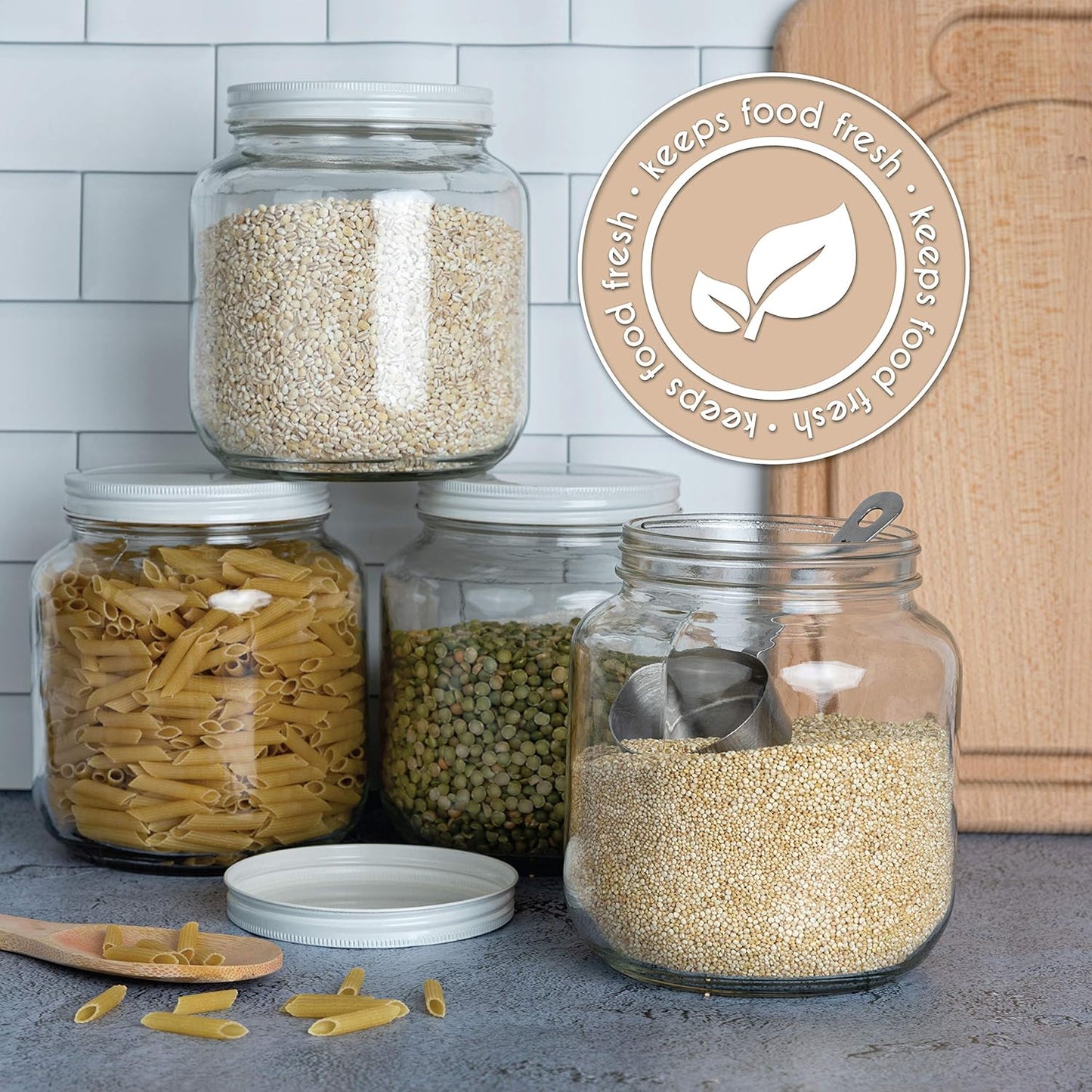 kitchentoolz Half Gallon Mason Jar Wide Mouth with Airtight Metal Lid - Safe for Fermenting Kombucha Kefir - Curing Pickling, Storing and Canning - BPA-Free Dishwasher Safe (White Lid, 4)