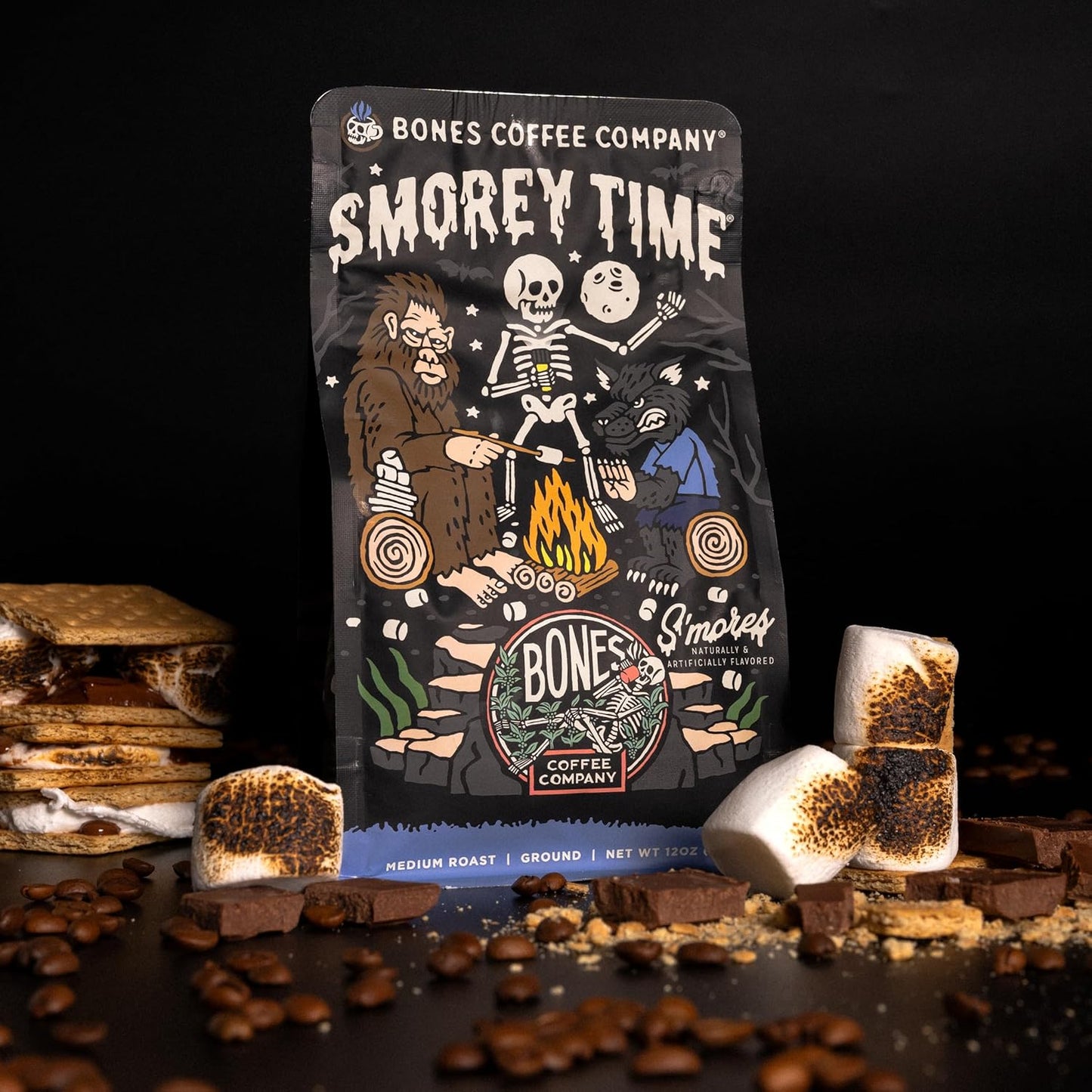 Bones Coffee Company S'morey Time, S'mores and Graham Crackers Flavored Coffee, Medium Roast Low Acid Arabica Beans Compatible with Auto drip and French Press Coffee Maker, 12 Oz Ground