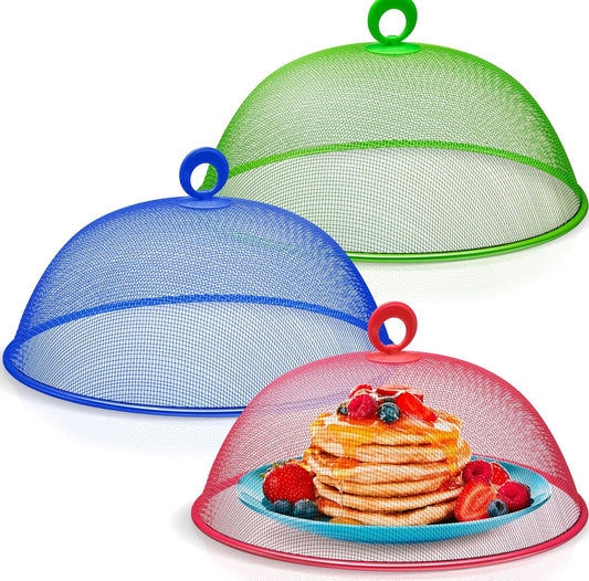 Metal Mesh Screen Food Cover Tent Umbrella, 10.75 inch, Reusable Outdoor Picnic Food Covers Mesh, Food Cover Net Keep Out Flies, Bugs, Mosquitoes (3 Pack, Green Blue Red)